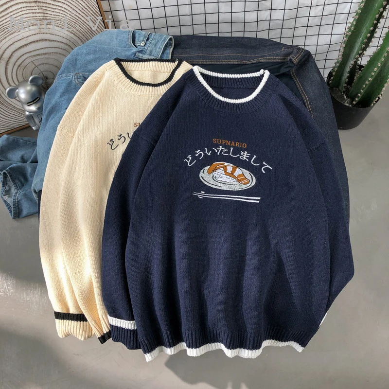 

Harajuku Men's Knitted Sweater Japan Style Round Collar Warm Pullover For Men Autumn Fashion Casual New Arrival Male Sweaters