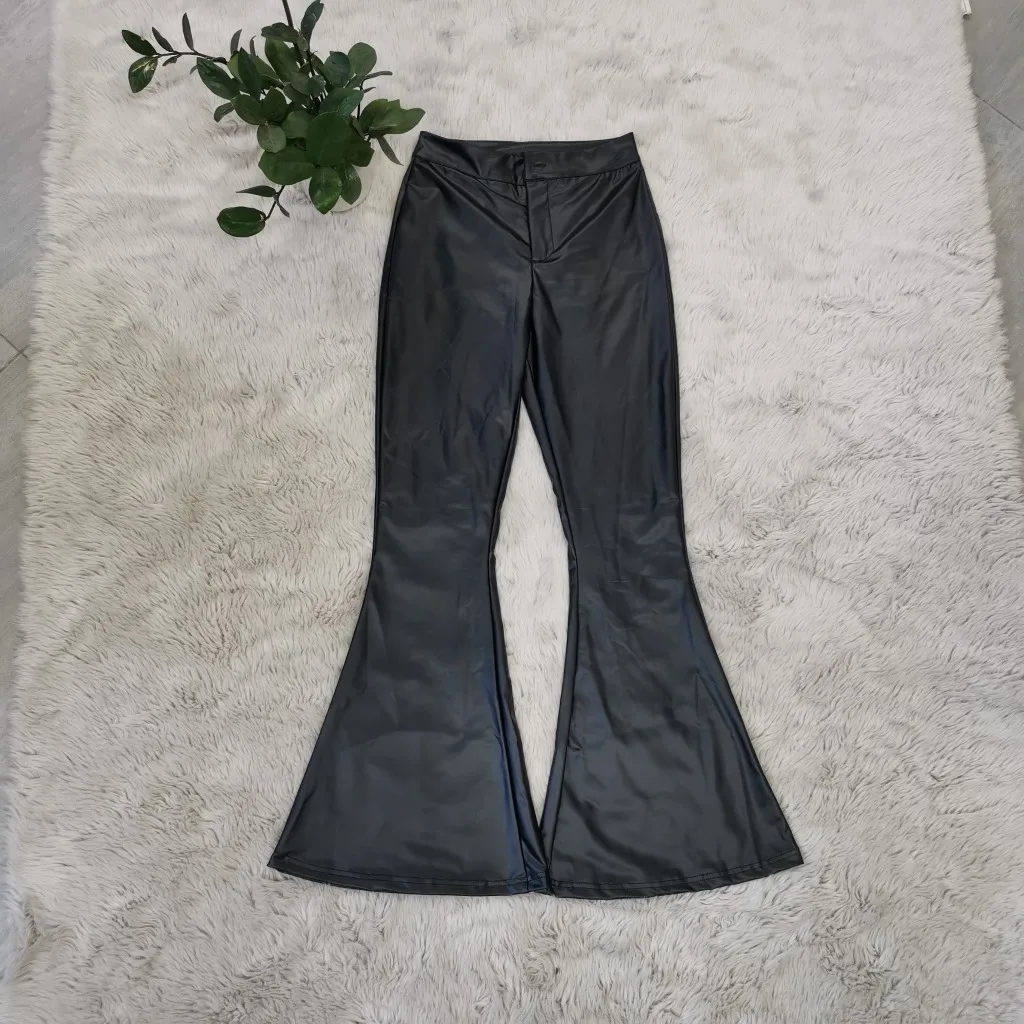 

INDJXND Women Wide Leg Bright leather Leggings High Waist Slim Long Pants Women Glitter Pants Legging Nightclub Horn Trousers