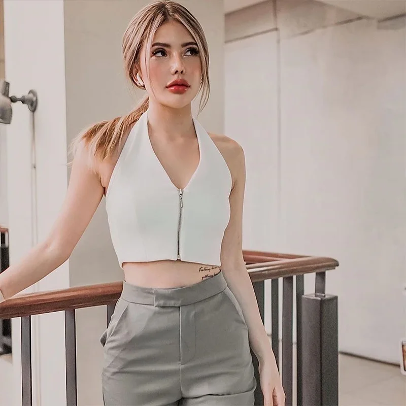 

New Sleeveless Camis Sexy Zipper Up Lady Sexy Cropped Top V-neck Summer Casual Streetwear Backless Camisole Tank Top Womens Tops