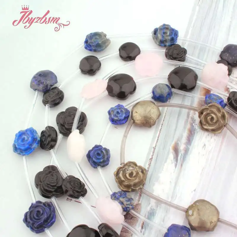 

Pyrite Lapis Lazuli Flower Beads Carved Natural Stone Loose Spacer Beads for Women Bracelet Necklace DIY Jewelry Making 15"