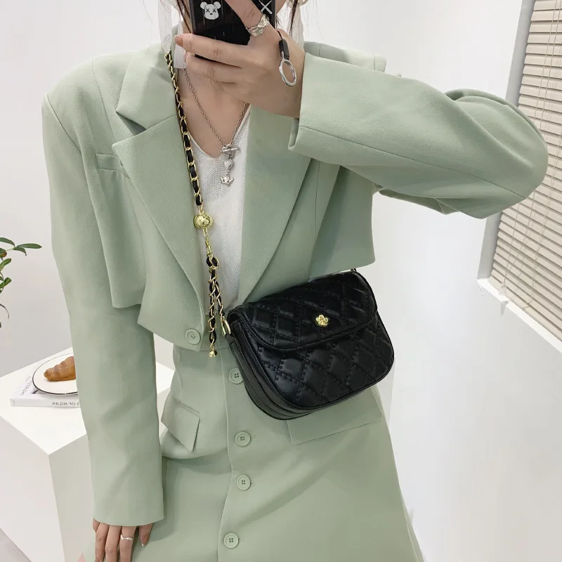 

Women Messenger Bag Summer New Black PU Leather Shoulder Bag Fashion Trend Personality Rhomboid Chain Female's Small Square Bag