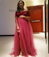 elegant african red evening dresses with short sleeves velvet plus size maternity prom dress with slit tulle night party gowns