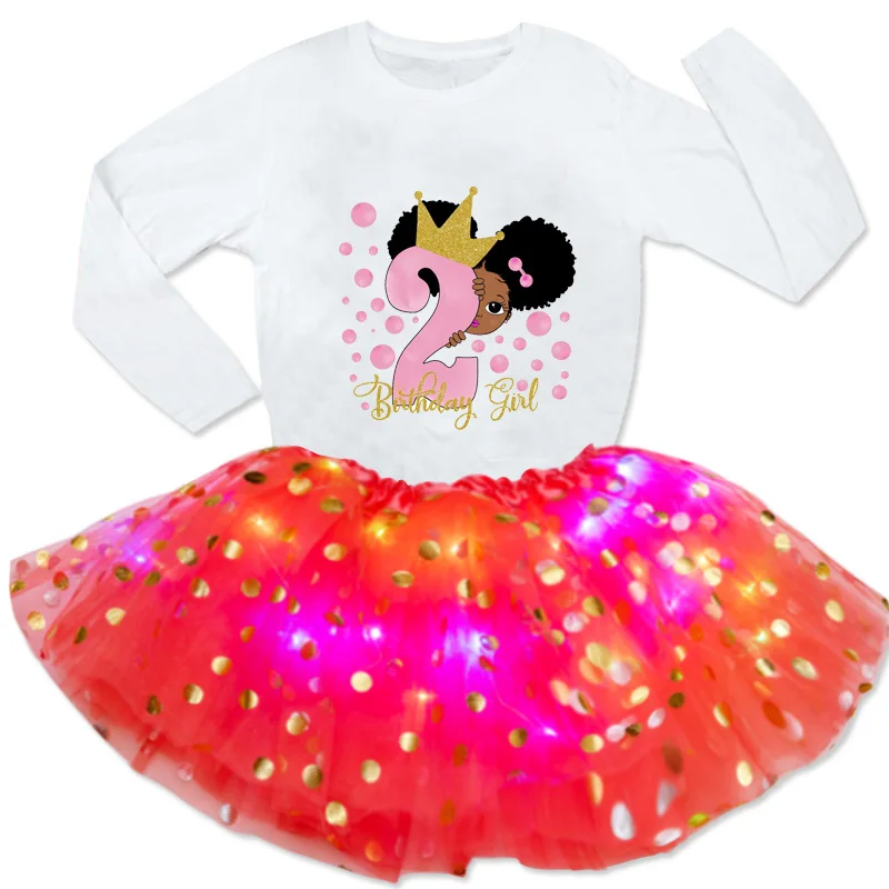

Sequin skirt Girls Dress Sets Kids Black African Curly Hair Girl Short Sleeve Printed T-shirt+Luminous Skirt Design Your Name