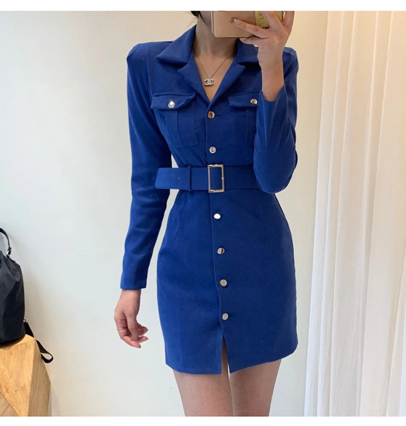 Trytree Autumn Winter Women Casual Dress Turn-down Collar Single Breasted Pockets Belt 5 Colour Slim fit Fashion Mini Dress
