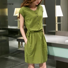 Vestidos ajustados de algodón y lino para mujer, falda de longitud media, de manga corta, color sólido, tendencia de verano, 2022 (4)