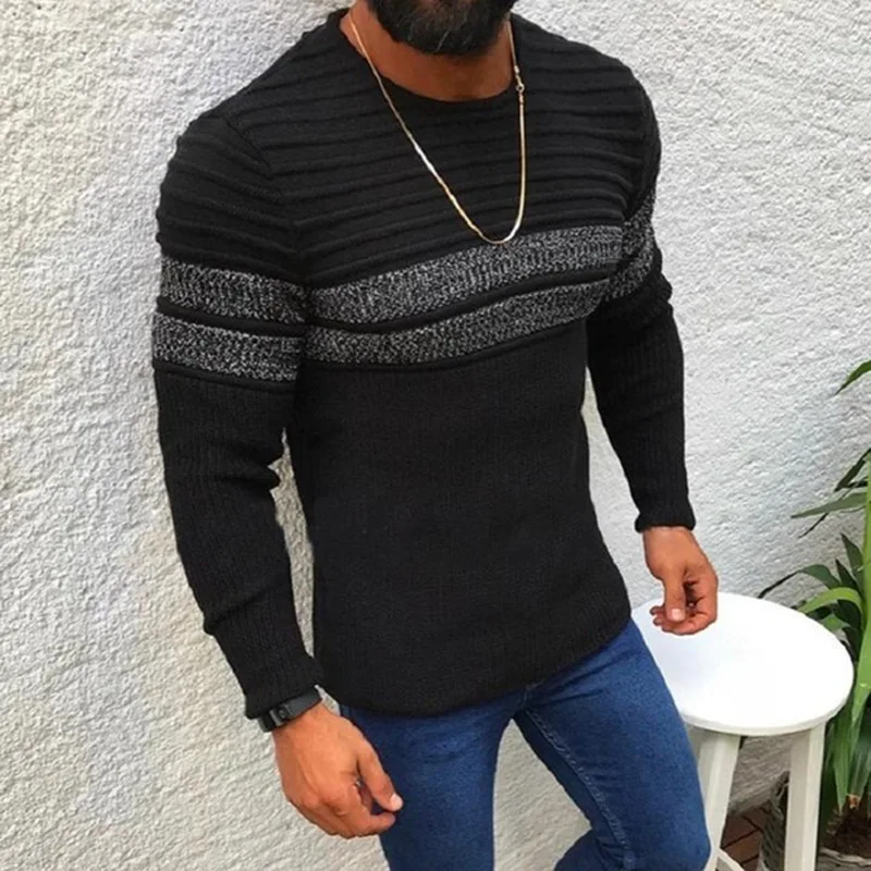 

Men Pullover Sweater Round Neck 2021 Autumn Winter Clothes Classic Striped Pattern Long Sleeve Knit Pullover Top
