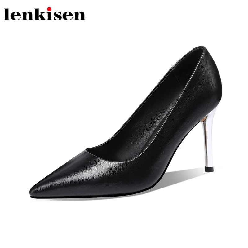

Lenkisen new genuine leather pointed toe super high heels simple style daliy wear metal fasteners solid slip on women pumps L77