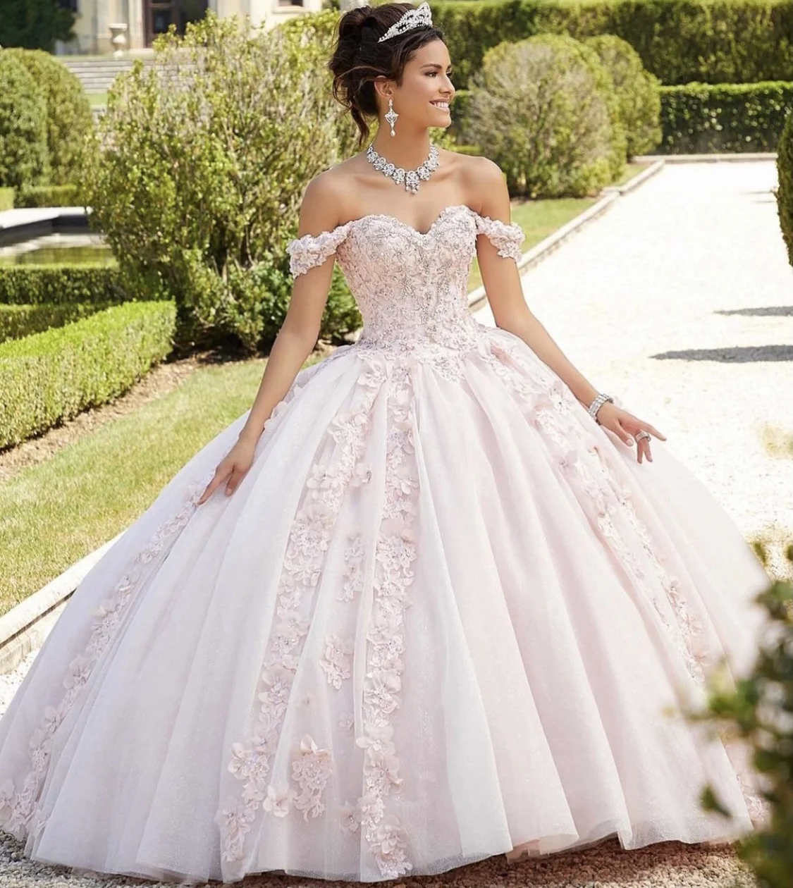 אור ורוד Quinceanera שמלת 2021 כבוי כתף פרחים ללא משענת מסיבת נסיכה מתוק 16 כדור שמלת Vestidos De 15 Años