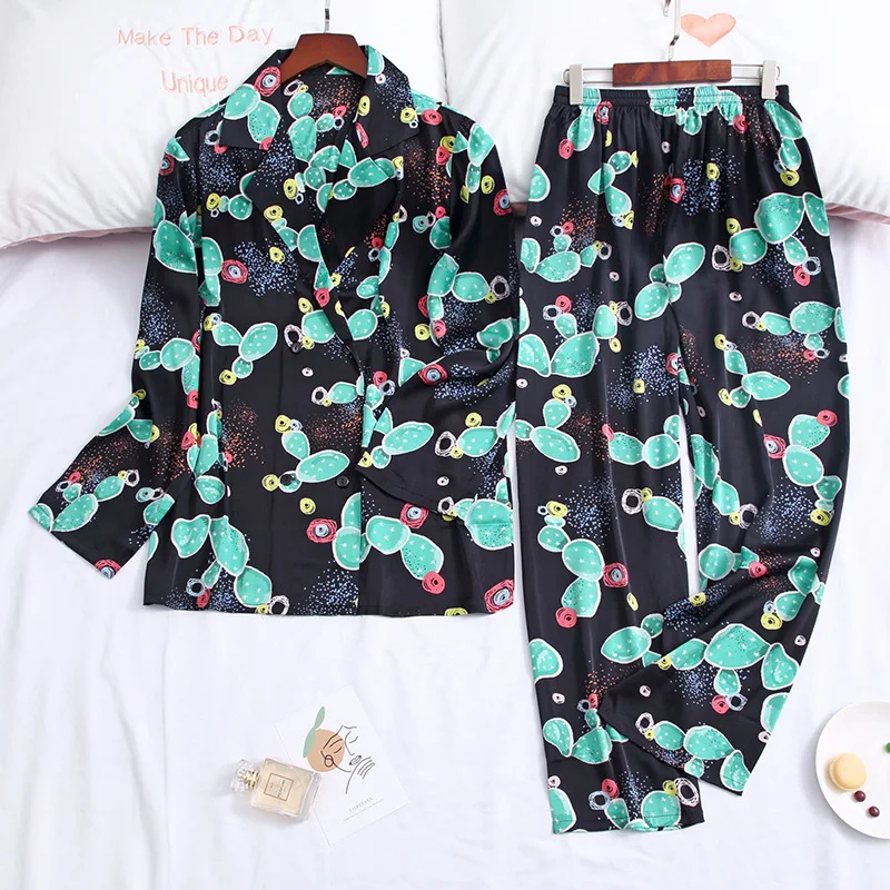 Pajamas Women Polka Dot Pijamas Sets Ice Silk Satin Sleepwer Suits Spring Fashion Homewear Long Sleeve Printing Pyjamas Rayon