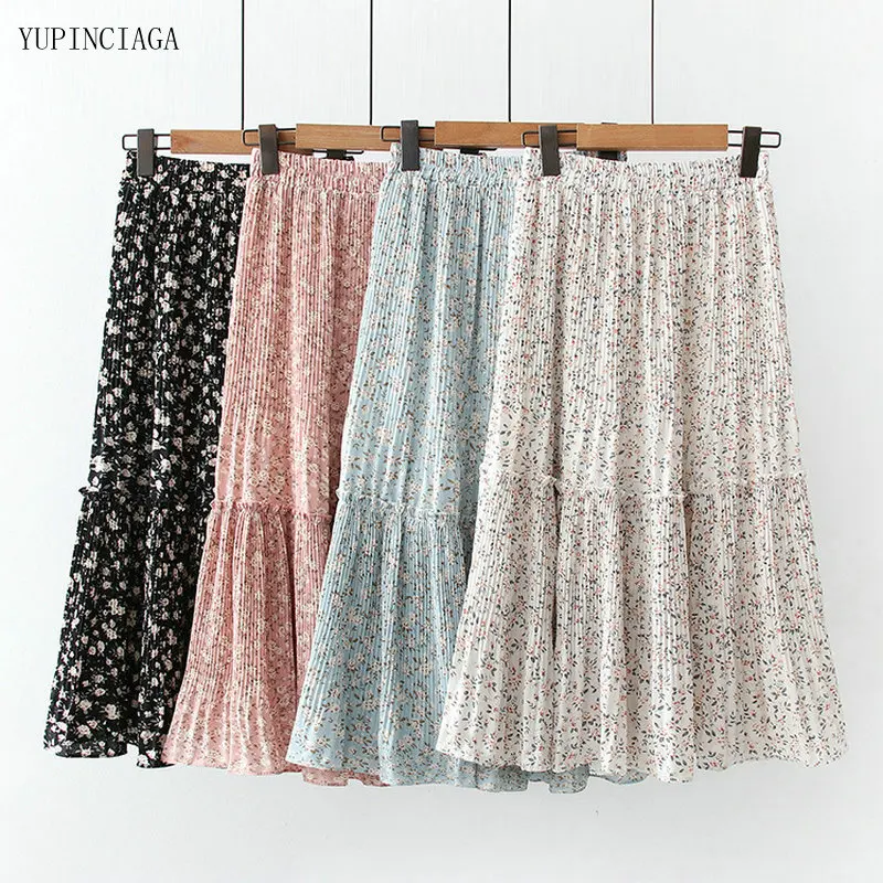 

2021 Summer New Women Skirts Harajuku Floral Mid-Length Elastic Waist Ruffled Sweet Skirt 2113870
