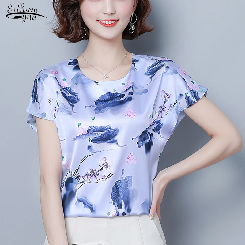 

2023 Summer Short Sleeve Print Women's Blouse Casual Loose4XL Silk Tops Korean Loose O Neck Pullover Blouse Women 9373 50