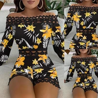 women sexy off shoulder flowers printed regular rompers solid color lace patchwork slash neck hollow out playsuits