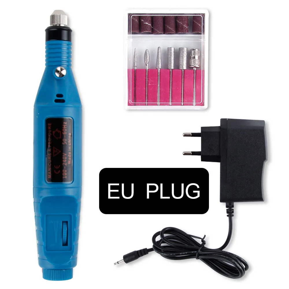 blue eu plug 1 набор мощности для профессионального аппаратного маникюра ручка педикюр пилка для ногтей 6 Бит Сверло для ногтей Полировка для удаления керамических резцов инструменты - Цвет: blue eu plug