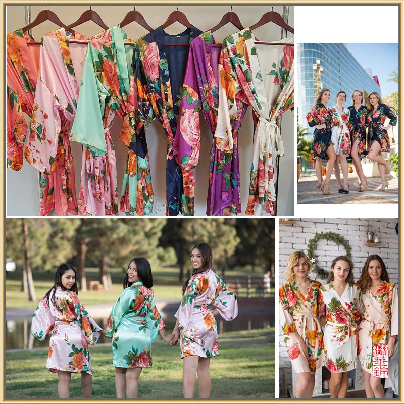 Owiter Women Floral Silk Satin Robe Bride Robe Bridesmaid Robes Wedding Bridal Party Gift Robes Nightgown Sleepwear Bathrobe