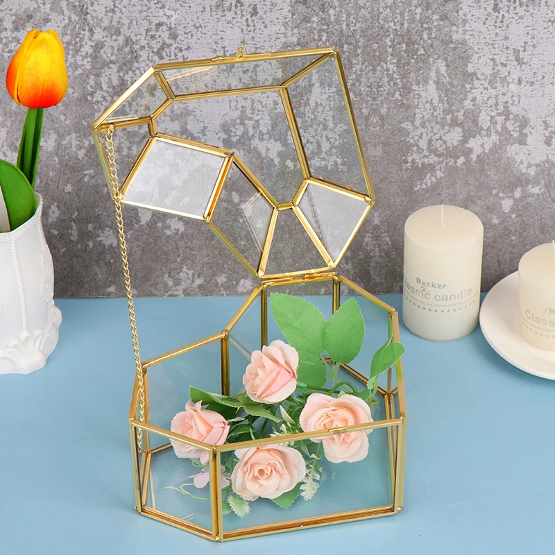 Heart Shape Geometrical Glass Flower Room Jewelry Box Wedding Ring Display Box Necklace Bracelets Earrings Storage Accessories