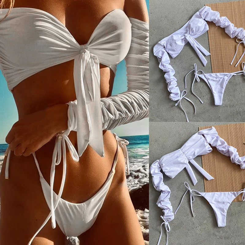 Женский купальник с длинным рукавом и открытыми плечами однотонный бикини