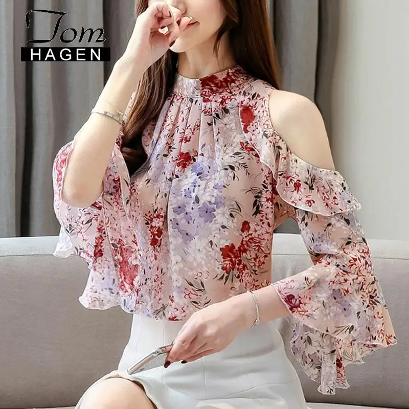 Женская шифоновая блузка с оборками рукавом-бабочкой и воротником-стойкой |