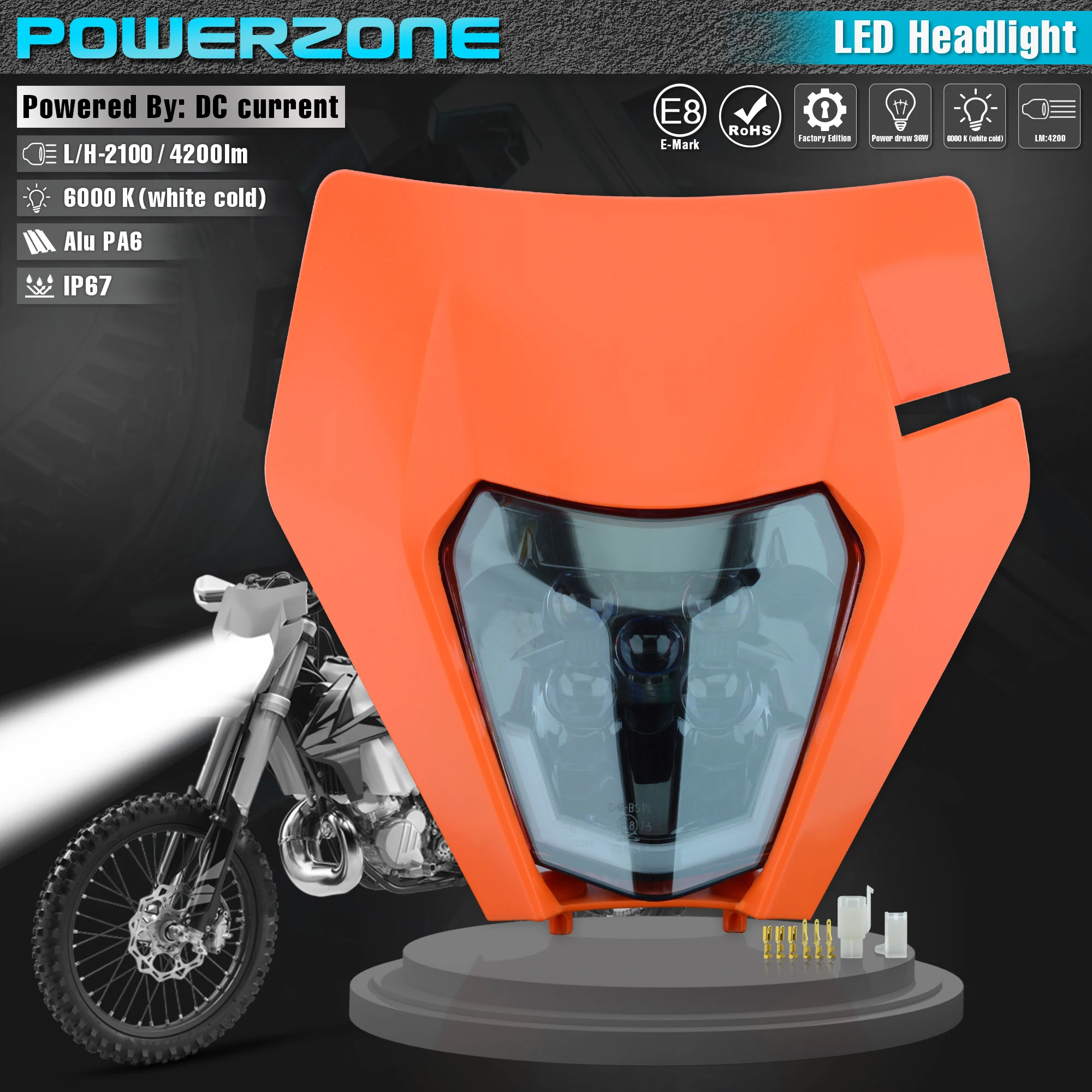 PowerZone Motorcycle LED Headlight Headlamp Head Light Supermoto Fairing For KTM EXC SXF MX Dirt Bike Enduro LED Headlight