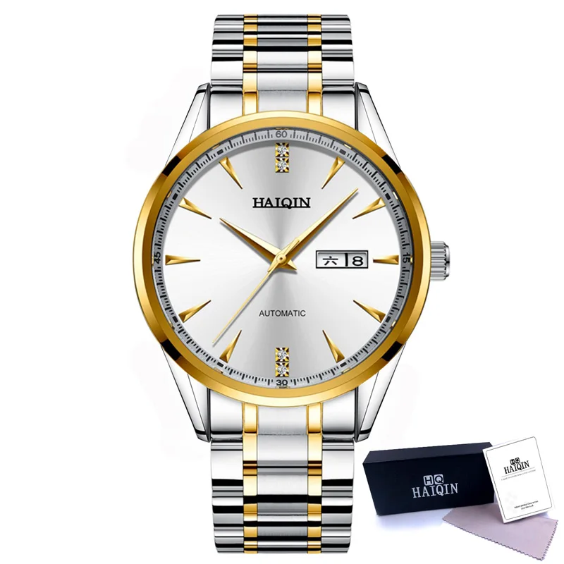 gold white Новинка, HAIQIN, роскошные брендовые мужские деловые часы, мужские часы, автоматические механические мужские наручные часы, водонепроницаемые, relogio masculino - Цвет: gold white