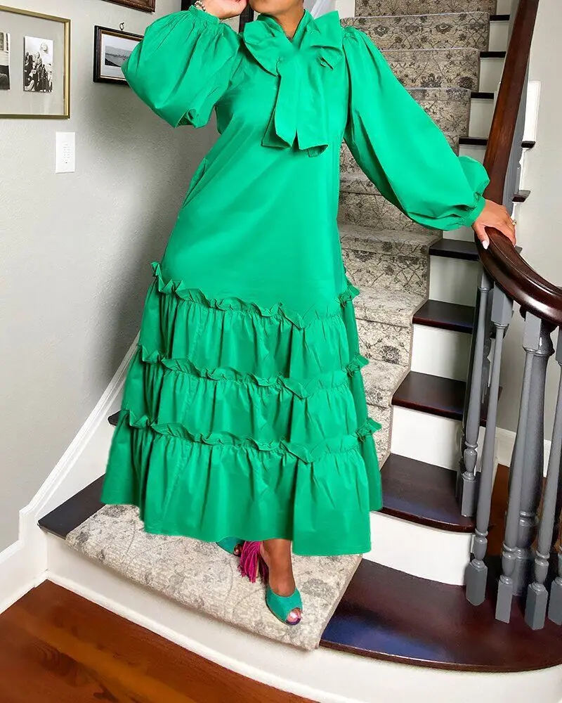 

African Maxi Dresses For Women Lantern Sleeve Slim Long Dress 2021 Elegant Autumn Green Party Dress Plus Size Africa Clothing