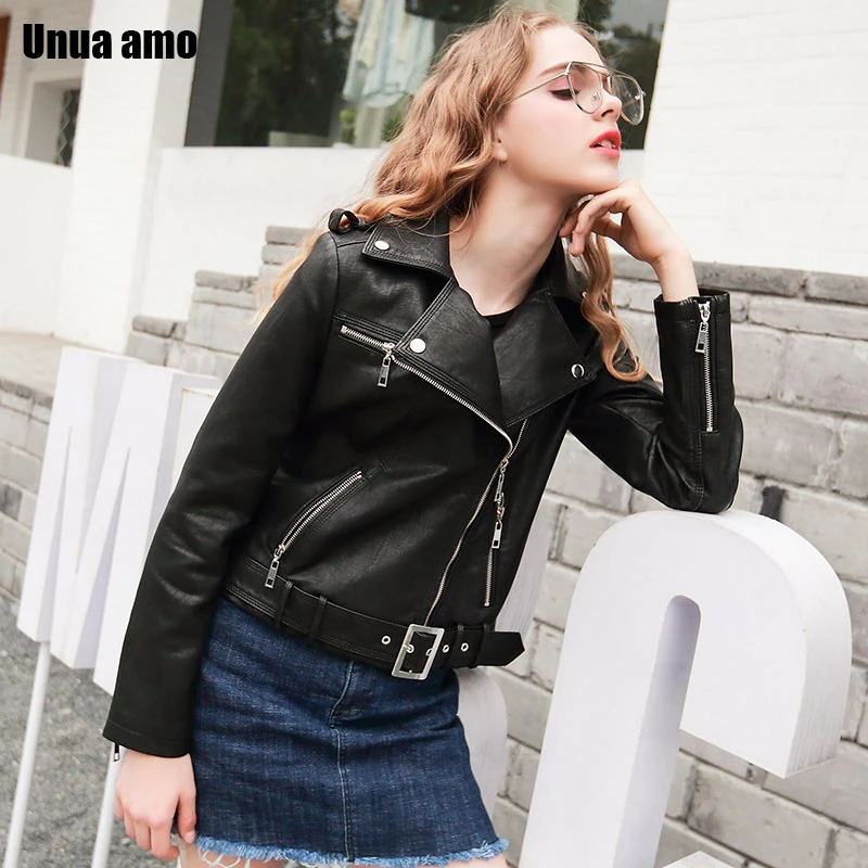Женская Короткая кожаная куртка Unua amo Черная байкерская с высокой талией весна