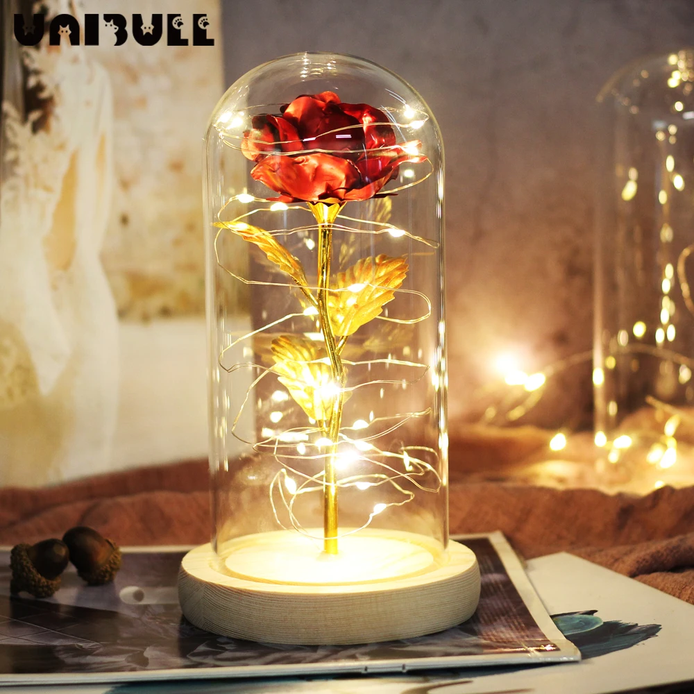 

New LED Beauty And The Beast Red Rose In Flask Glass Eternal Roses For Christmas Gifts Family Decoration Valentines Day Gift