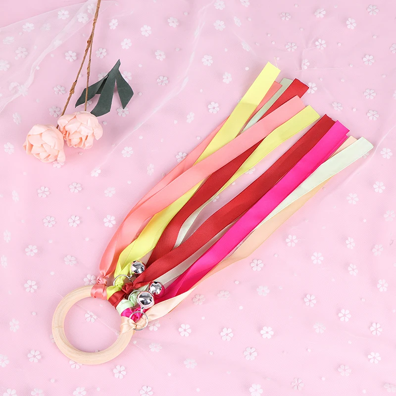 

1 PCS Rainbow Natural Wooden Ribbon Ring Toys Baby Teether Newborn Sensory Toys Shower