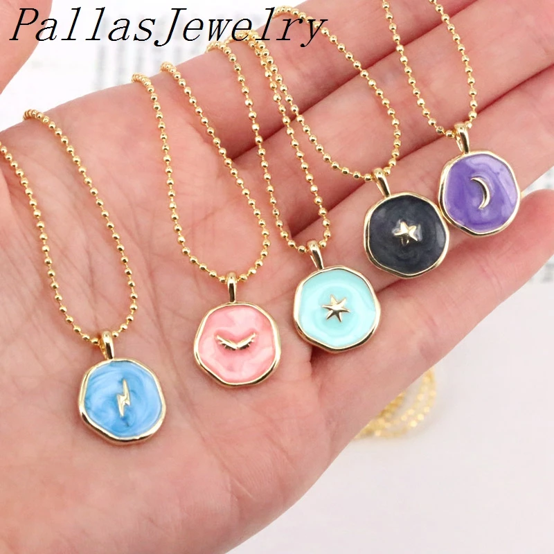 

10Pcs Simple Enamel Stars Moon Heart Round Pendant Necklace for Women Fashion Gold Color Coin New Choker Necklace Jewelry