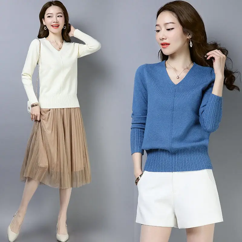 

Women's Sweater And Pullover Spring And Autumn New V-neck Long-sleeved Thin Knitted Top Ladies Loose Jumper Feminine Y537