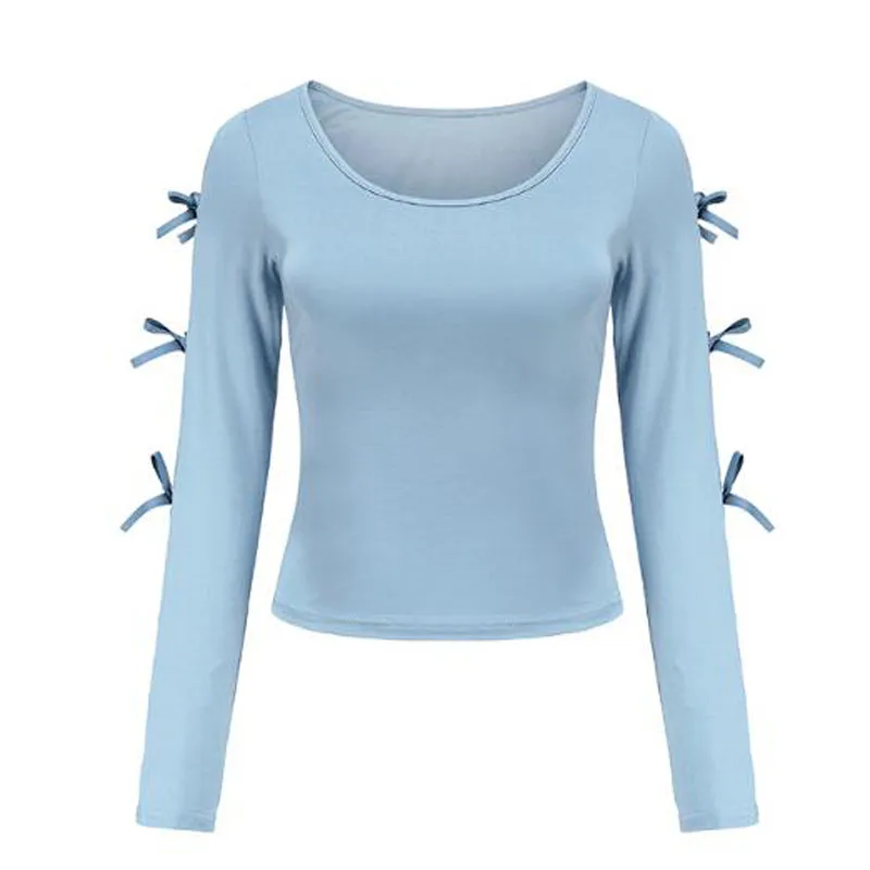 

New Fashion T-shirt Woman Short Length Solid Color Long Sleeve Round Neck Women Tops Tees Bow Tie Decoration T shirt Women
