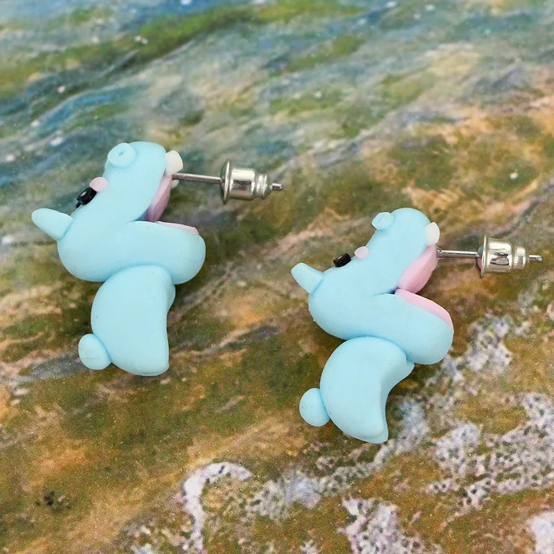 Серьги ручной работы из мягкой керамики стерео животные уникальный дизайн синие