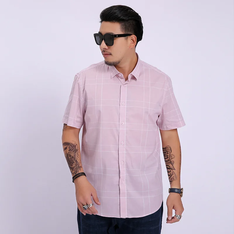 

Summer new men's fattening plus size Plaid short sleeve shirt