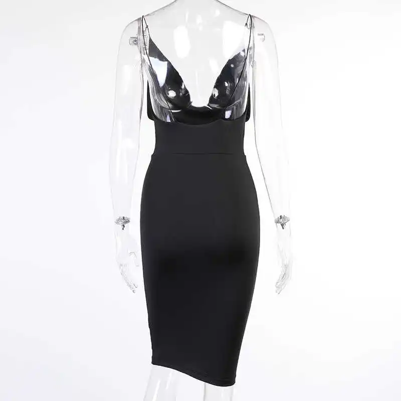 

Woman White Dress Spaghetti Strap Cowl V Neck Backless High Waist Bodycon Midi Dress Summer Sexy Club Party Vestidos