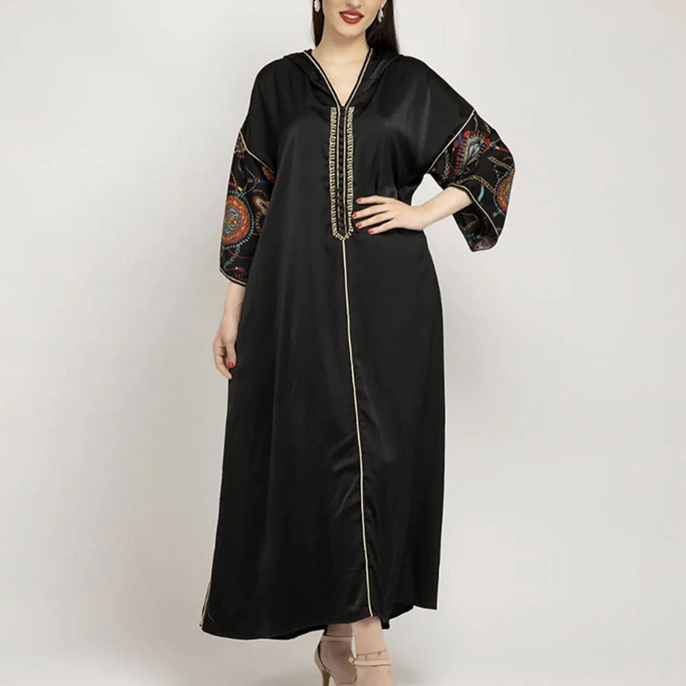 

Muslim Fashion Women Dress Solid Color Retro Splicing Diamond Hooded Tassel Long Sleeve Printing Loose Casual Women Robe