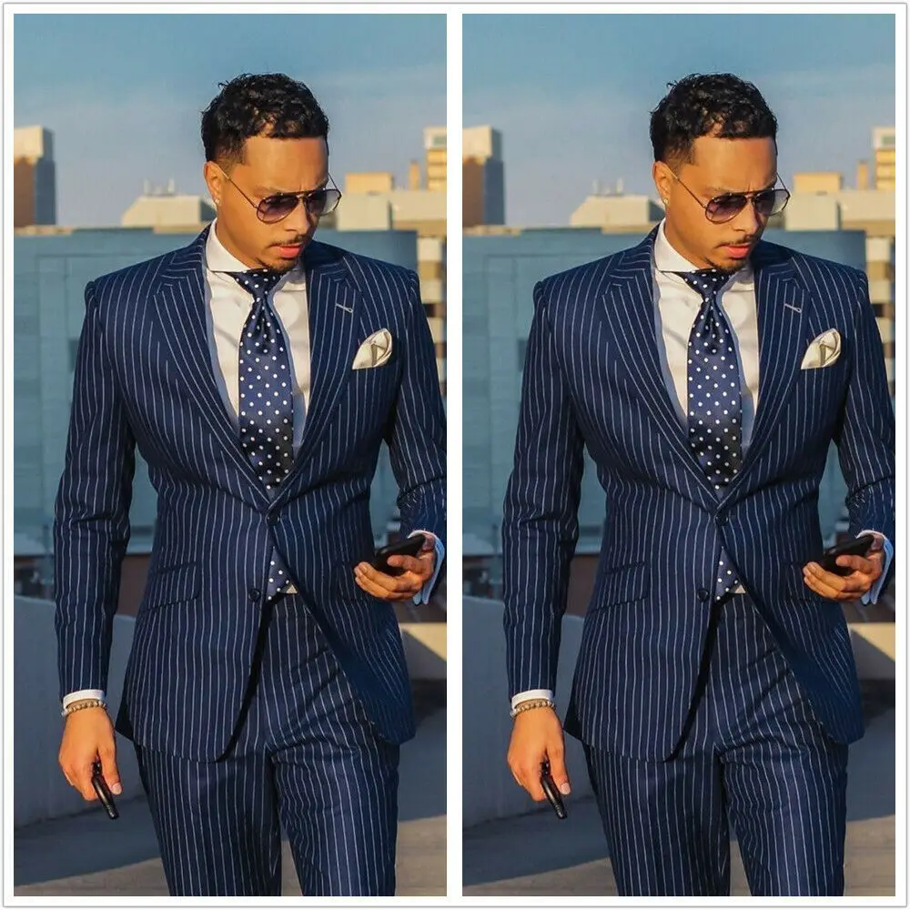 Hot Sale Blue Striped Suit Men Set Slim Fit Custom Made Wedding Suits for Men 2 Piece Blazer Groom Prom Tuxedo Jacket+Pants