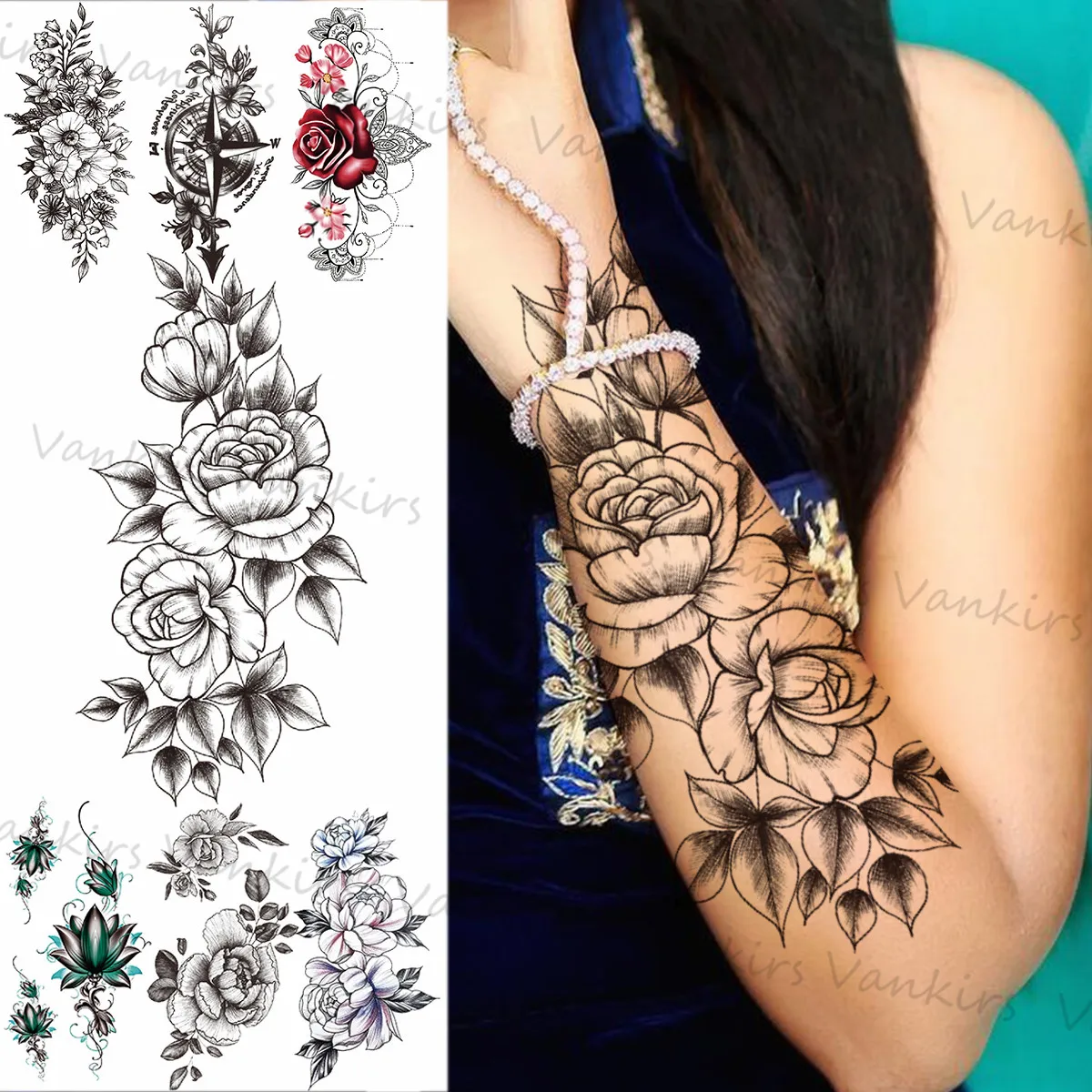 

Лепесток цветка розы Временные татуировки для женщин и девушек, реалистичный компас, лотос, подвеска, наклейка-татуировка, сексуальные руки...