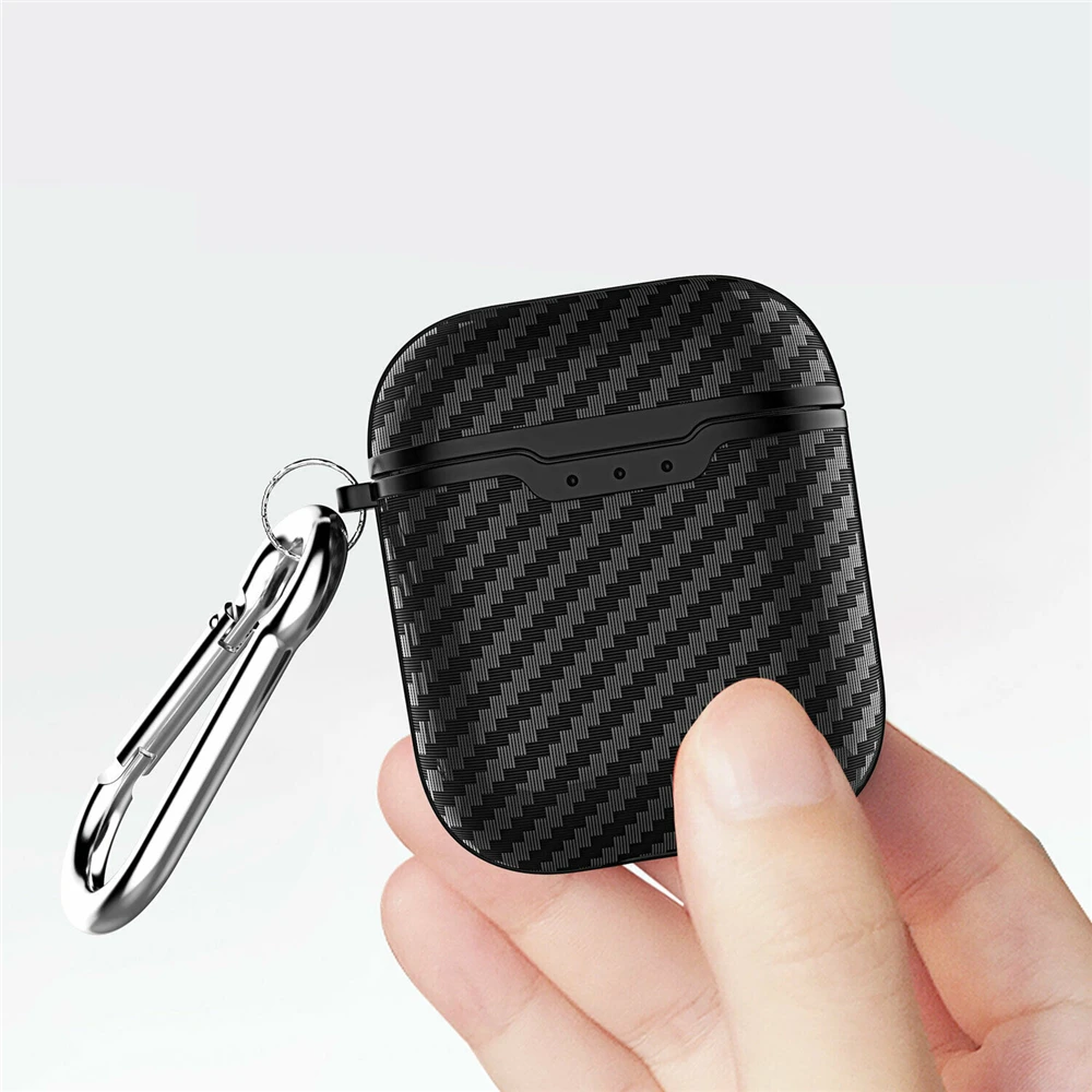 

luxury Carbon Fiber Wireless Bluetooth Headset cover case For Apple AirPods Earphone silicon Protection box Keychain Buckle capa