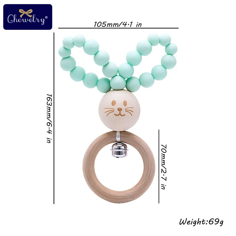 1PC Silicone Baby Teether Rodent Bunny Rattle Bracelet Wooden Ring Teething Toy Food Grade Hand Bell For Children Goods | Мать и ребенок
