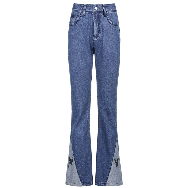 

Butterfly Print Denim Sweatpants Harajuku Trousers Streetwear Vintage Y2K Baggy Flare Jeans Jogger Women Patchwork
