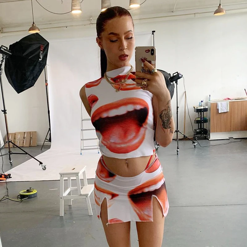 

Hand-Painted Prited Y2k Crop Tank Top And Short Split Skirt Suit For Women Loungewear Tracksuit 2021 Fashion 2 Piece Set Outfits
