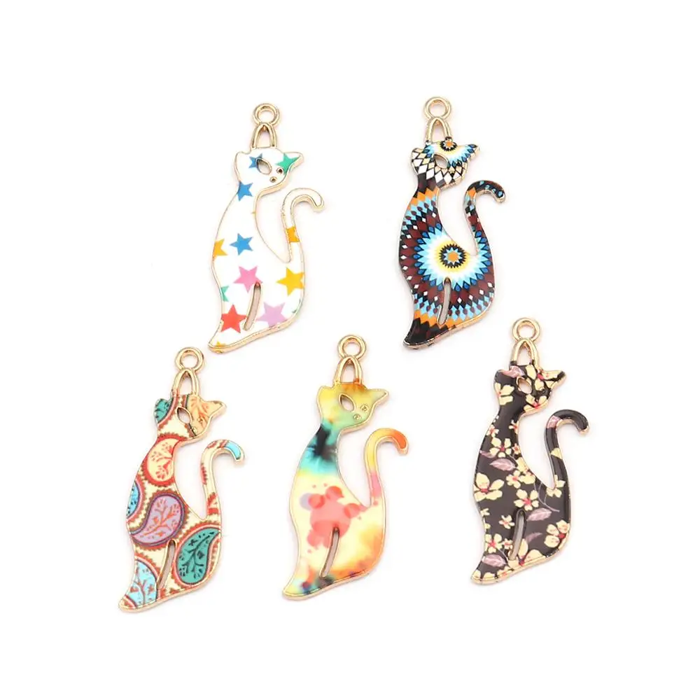 

10PCs Bohemian Pendants Cat Animal Gold Color Metal Multicolor Star Flower Pattern Colorful Enamel Charms Jewelry 37mm x 13mm