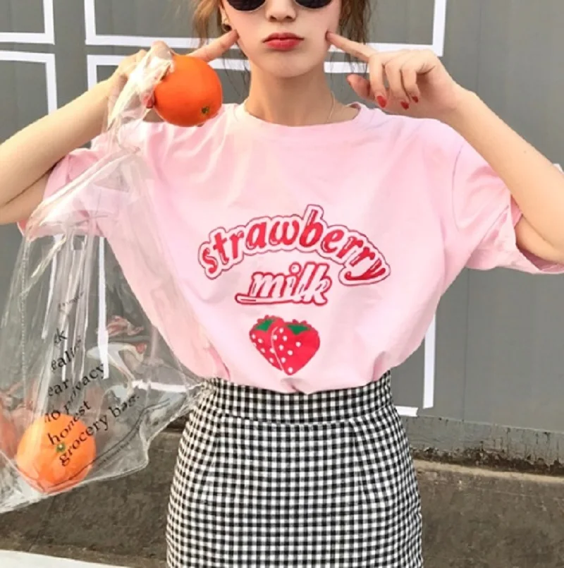 Kawaii/футболка в Корейском стиле с клубничным молоком летняя модная розовая