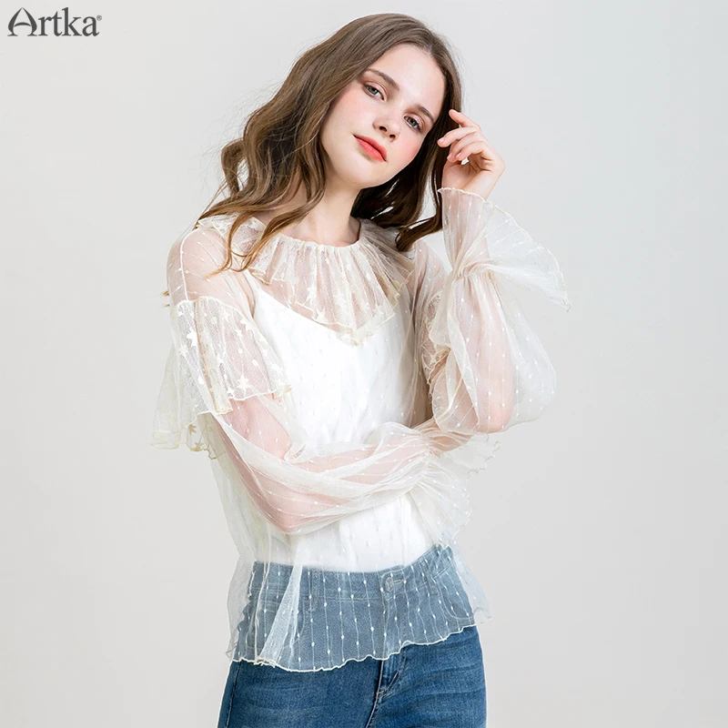 ARTKA осенний женский свитер элегантная рубашка свитер комплект из двух частей шерсть, мохер свитер жилет гофрированная кружевная рубашка YB10999Q