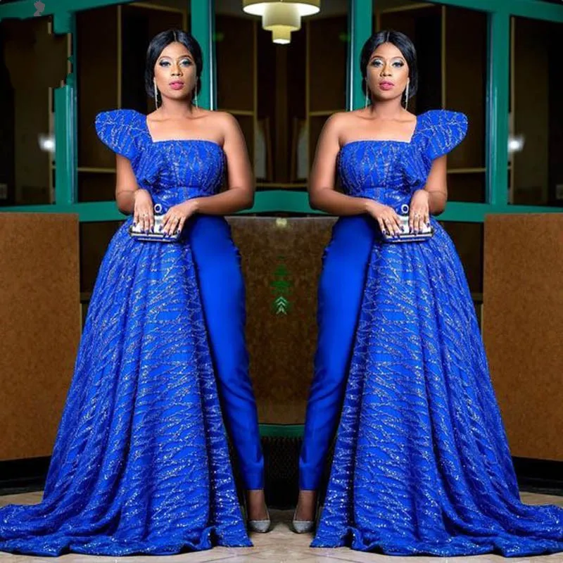 

Chic Sequin Evening Dresses Royal Blue abiye Real Image Evening Party Gowns Customized Removable Train robe de soiree