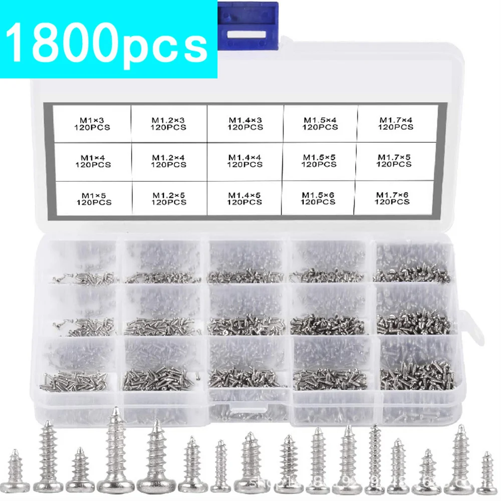 1800 шт. миниатюрные винты с круглой головкой Phillips серебристые/черные маленькие