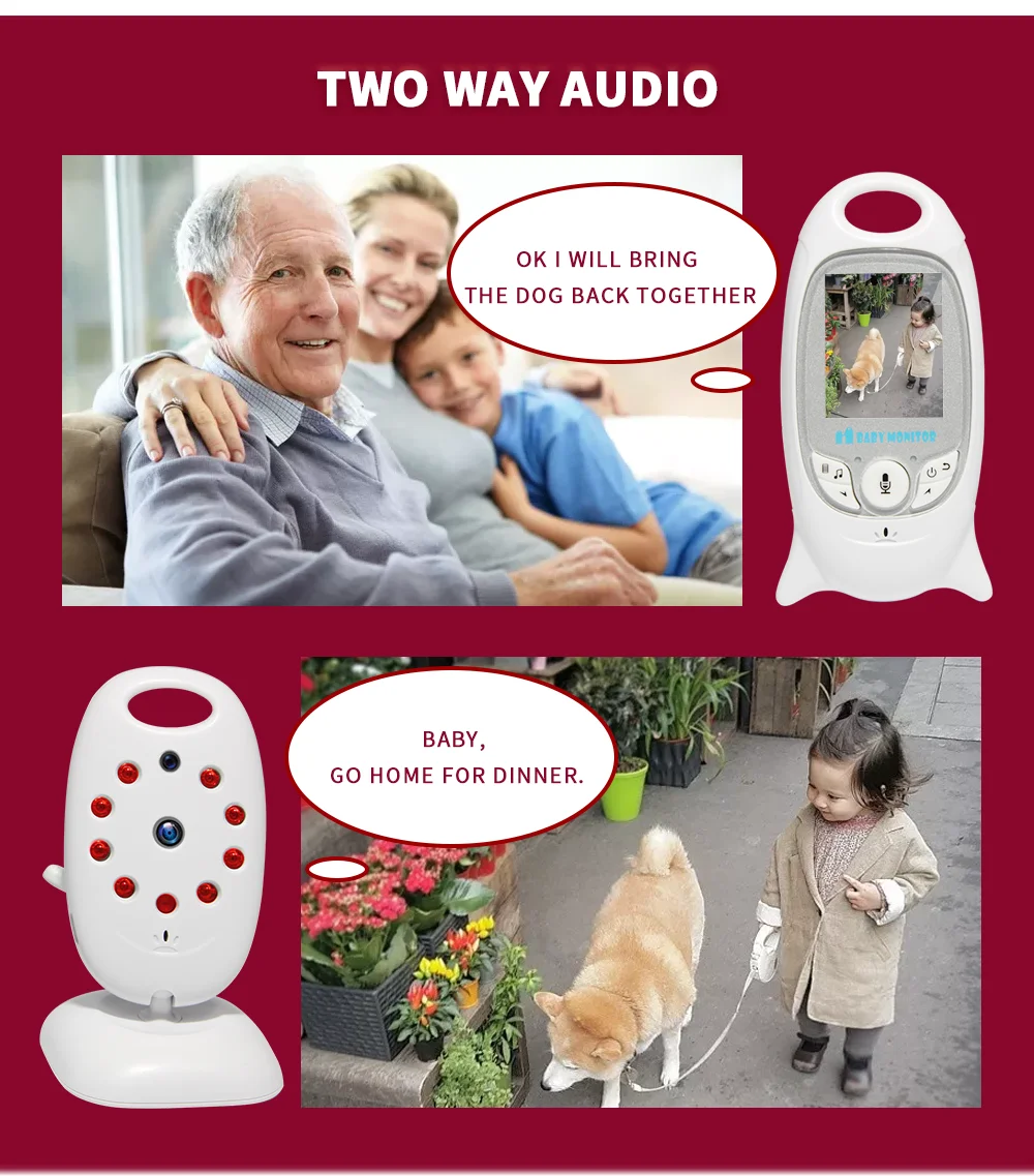 

Wireless Video Baby Monitor with 2.0 inch 2 Way Talk Night Vision IR LED Temperature Monitoring Color Security Camera VB601