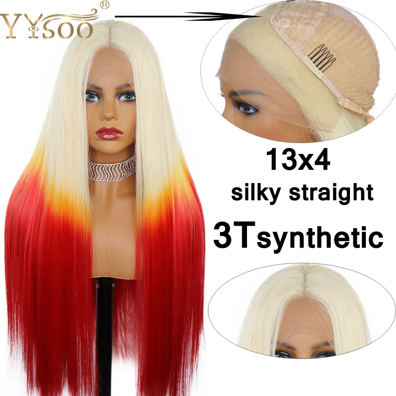 YYsoo-Peluca de cabello sintético con malla frontal, pelo largo y liso de 3 tonos, color rubio, naranja, rojo, degradado, 13x4, sin pegamento, parte media, 613