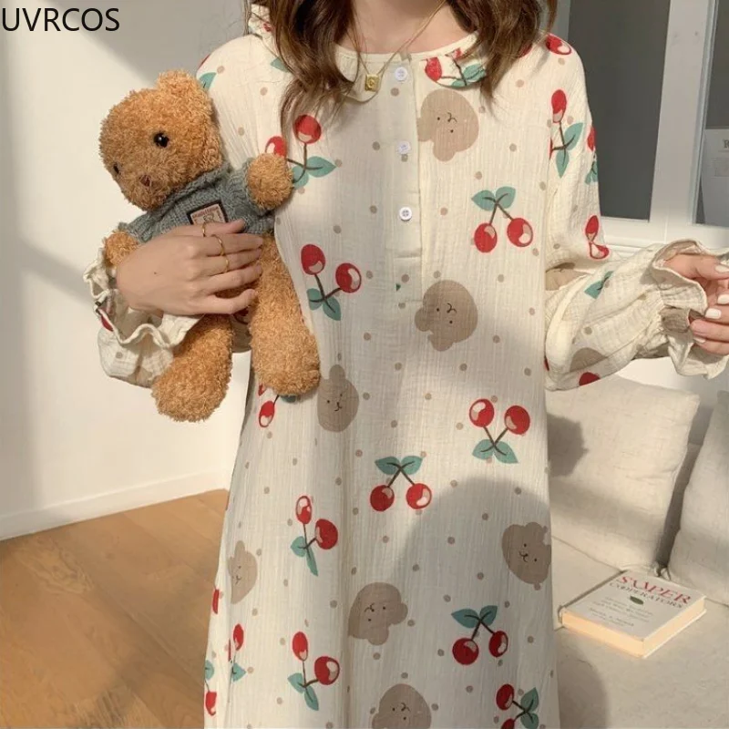

Sweet Cherry Print Princess Night Dress Girly Round Neck Long Sleeve Cotton Nightgown Student Homewear Sleepdress Lady Sleepwear
