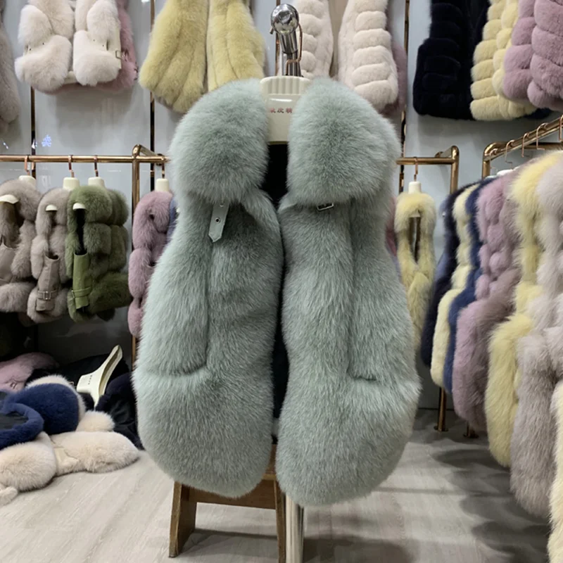 FURSARCAR 2021 Real Natrual Fox Fur Vest For Women Winter Whole Skin Waistcoat With Collar Genuine Motorcycle Leather Fur Gilet