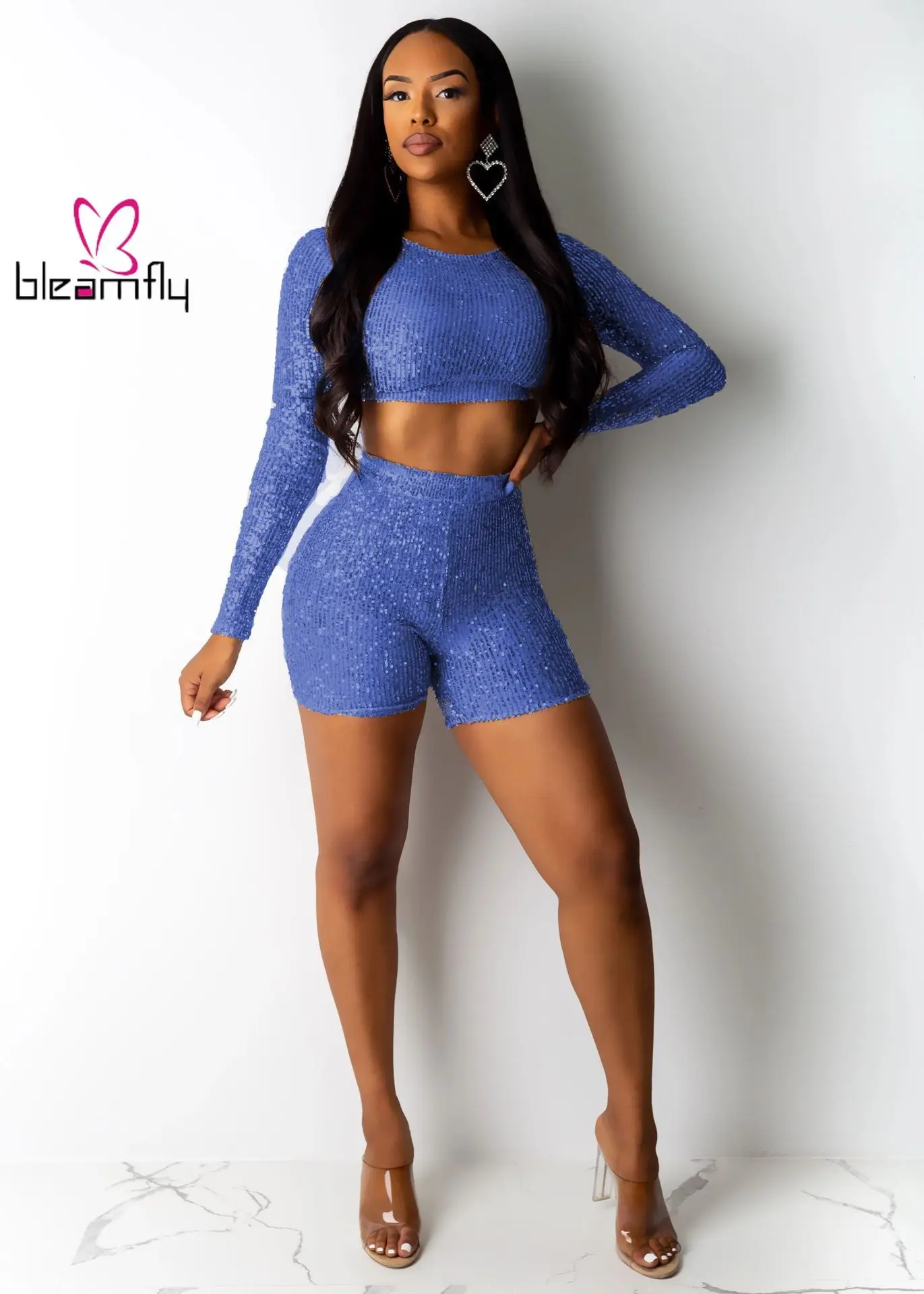 2019 женский осенний комплект из двух предметов: топ и шорты с блестками круглым